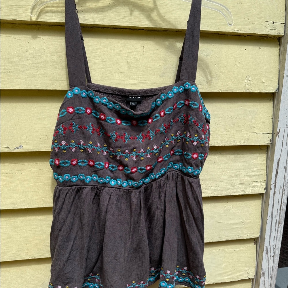 Torrid Charcoal Tank Top with Colorful Embroidery